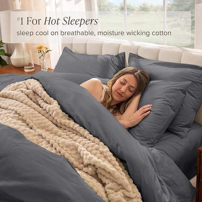 Bare Home 100% Organic Cotton Extra Long Duvet Cover Set - Crisp Percale Weave - Lightweight & Breathable - Cooling Duvet Cover Set (Twin/Twin XL, Grey)