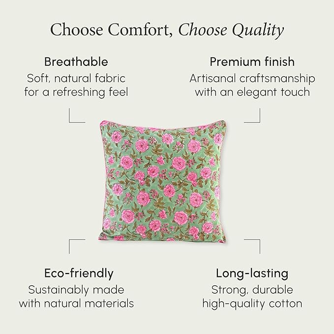 CPC 100% Cotton Throw Pillow Covers 18x18 Inch, Set of 2 Pink Block Print Pattern Couch Pillow, Cute Boho Decorative Pillows for Living Room, Bedroom with Hidden Zipper- Pink Tourmaline