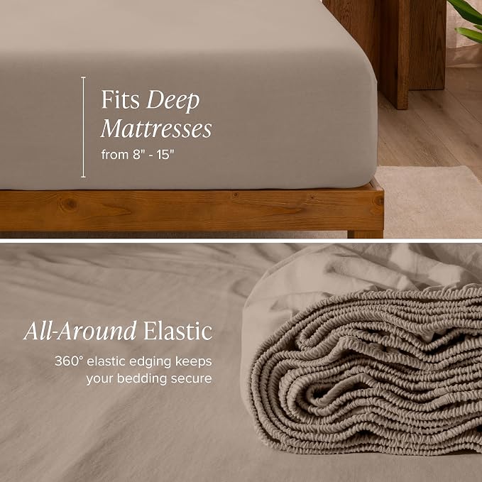 Bare Home 100% Organic Cotton T-Shirt Fabric Sheet Set, Ultra Soft, 100% Cotton Jersey - Sheet Set & Pillowcases - Deep Pocket Bed Sheets (Twin XL, Taupe)