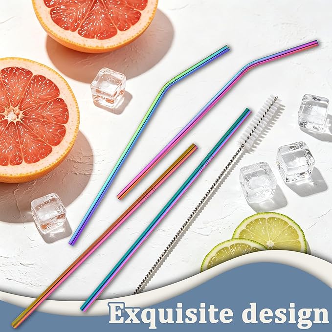 16 Pack Rainbow Stainless Steel Straws for 20 oz Tumblers, 8 Straight and 8 Bent Reusable Metal Straws with 4 Cleaning Brushes, Rainbow Colored, Fits Insulated Cups