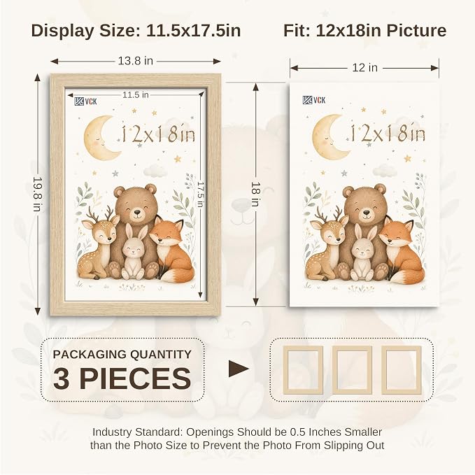 VCK 12x18 Picture Frame 3 Pack - Natural Oak Wood Solid Poster Frames, Textured Exclusive Wood Wall Gallery Frame