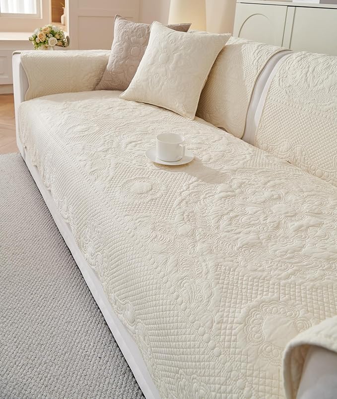 vctops Boho Cotton Quilted Couch Cover Soft Embroidered Sofa Cover Non-Slip Dog Bed Cover Scalloped Sofa Slipcover Washable Furniture Protector Cover (Cream,36"x36")