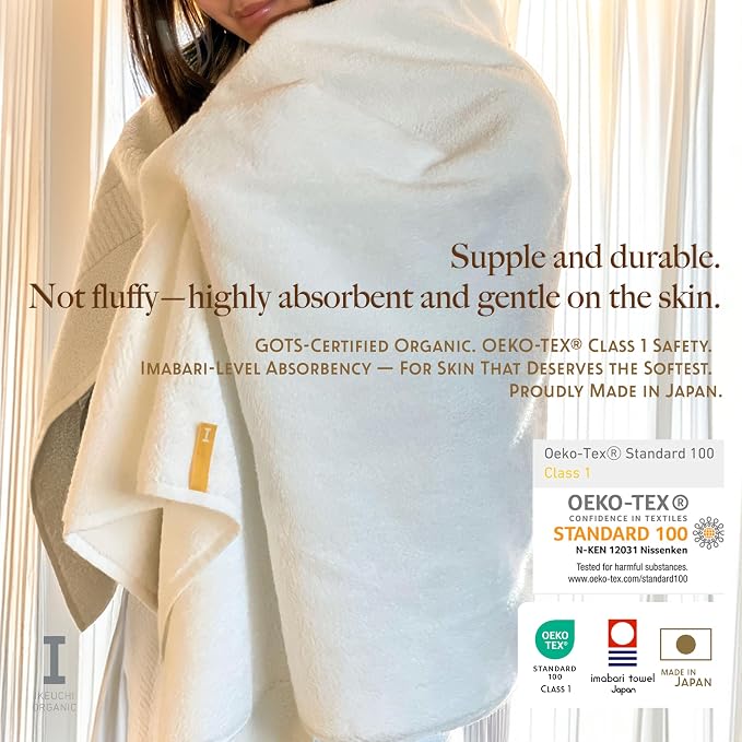 Highly Absorbent & Quick-Dry Organic Cotton Bath Towels, Soft & Lightweight, Made in Japan, Oeko-Tex Class 1 Certified, 28 x 53 inch, White, Pack of 2 – Proof of Purity