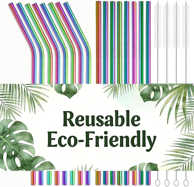16 Pack Rainbow Stainless Steel Straws for 20 oz Tumblers, 8 Straight and 8 Bent Reusable Metal Straws with 4 Cleaning Brushes, Rainbow Colored, Fits Insulated Cups