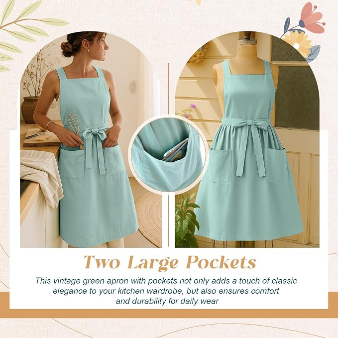 100% Cotton Aprons with Pockets Pinafore Dress for Women Vintage Cute Aprons for Kitchen Baking Gardening Painting