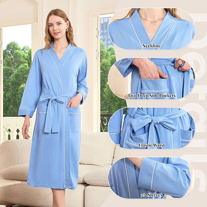 HEARTNICE Womens 100% Cotton Robe, Soft Kimono Spa Long Bathrobe Lightweight Loungewear