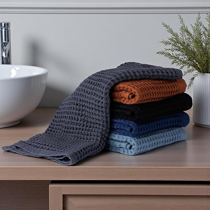 DEMMEX Organic Cotton Waffle Weave Turkish Towel Set for Bathroom, 1 Bath & 2 Large Hand Towels, 100% Oeko-TEX Certified Premium Turkish Cotton, Super Soft Lightweight Quick Dry (Navy Blue)