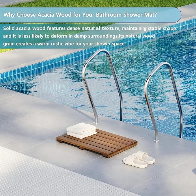 19.7"x13" Solid Acacia Wood Shower Mat, Non Slip Wooden Bath Mat, Indoor Outdoor Entryway Door Mat Multi-Purpose Plant Stand for Shower Bathtub Pool Spa Garden (Small)
