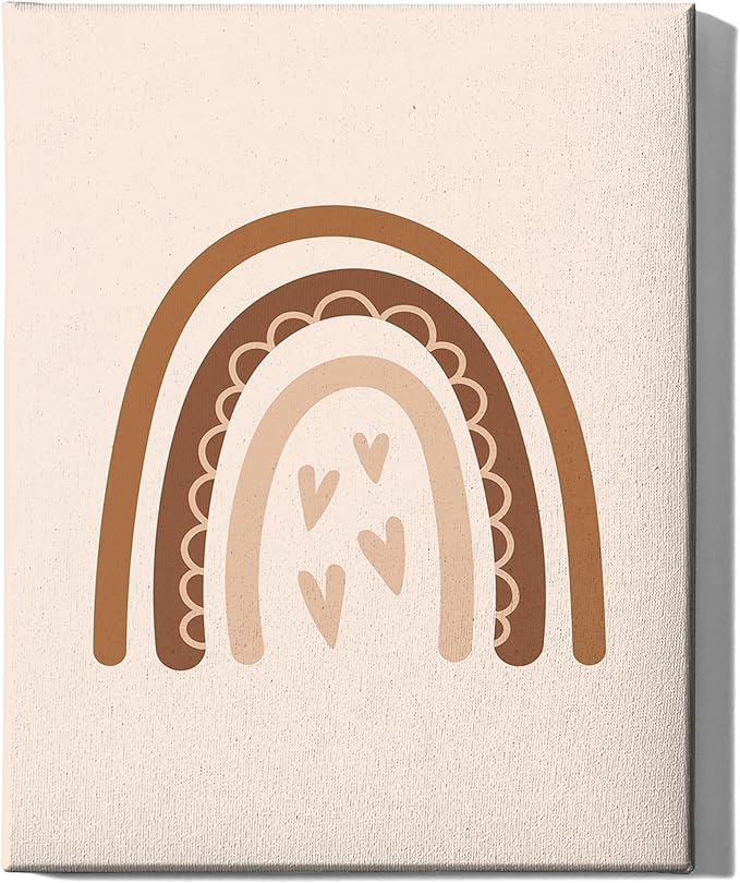 Y2K BOO Boho Nursery Rainbow Wrapped Canvas Wall Art with Hearts Earth Tones Terracotta Brown 16x20 Inch Gallery Stretched Modern Home Decor
