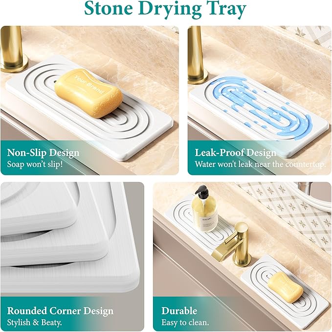 Water Absorbing Stone Tray, Quick Drying Diatomite Bathroom Tray Countertop, Stone Drying Mat for Kitchen Counter, Soap Dish Dispenser Vanity Organizer, White-A-9.8" x 4"
