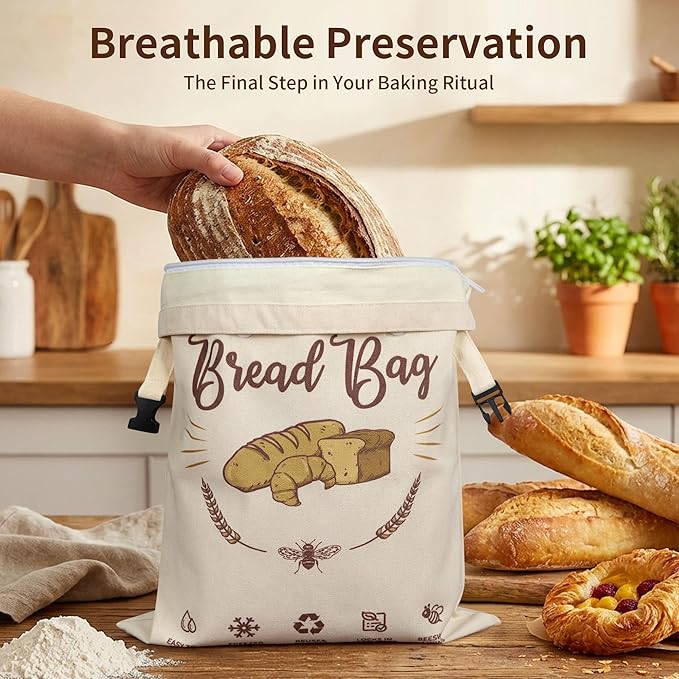 2 Pack Beeswax Bread Bags for Homemade Sourdough with Detachable Liner & Handles, X-Large Reusable Food Storage Bag, Organic Cotton Wrap for Artisan Bread, Eco-Friendly & Washable