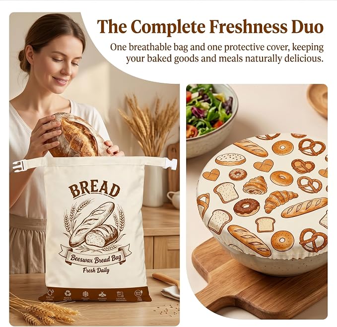 Beeswax Bread Bags for Sourdough 2 Pack 17x13 - FDA Compliant Reusable | Double-Seal Lock, Replaces Plastic Wrap, Zero Waste, for Artisan Boules, Baguettes, Homemade Loaves & Proofing Cover Included