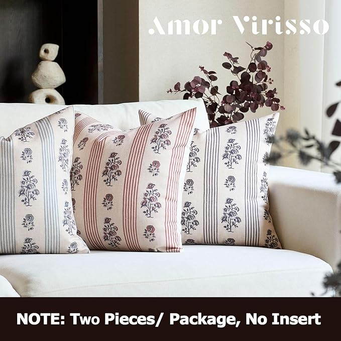 Amor Virisso Floral Throw Pillow Covers 24x24 Set of 2 Block Print Pillow Covers Neutral Floral Striped Farmhouse Decorative Pillow Covers for Sofa Couch Bed, Red