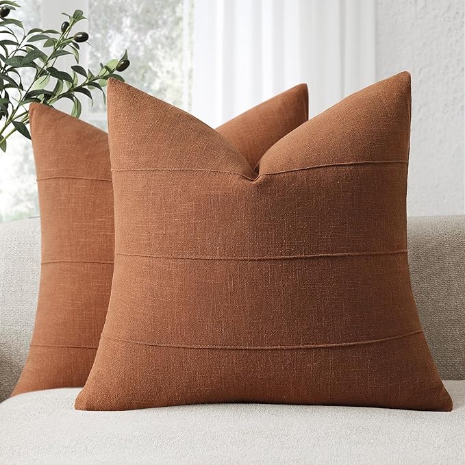 ZWJD Decorative Linen Throw Pillow Covers 20x20 Set of 2 Solid Handcrafted Striped Cushion Covers for Bed Soft Modern Farmhouse Neutral Pillowcase for Couch Bedroom Living Room Home Decor(Rust)