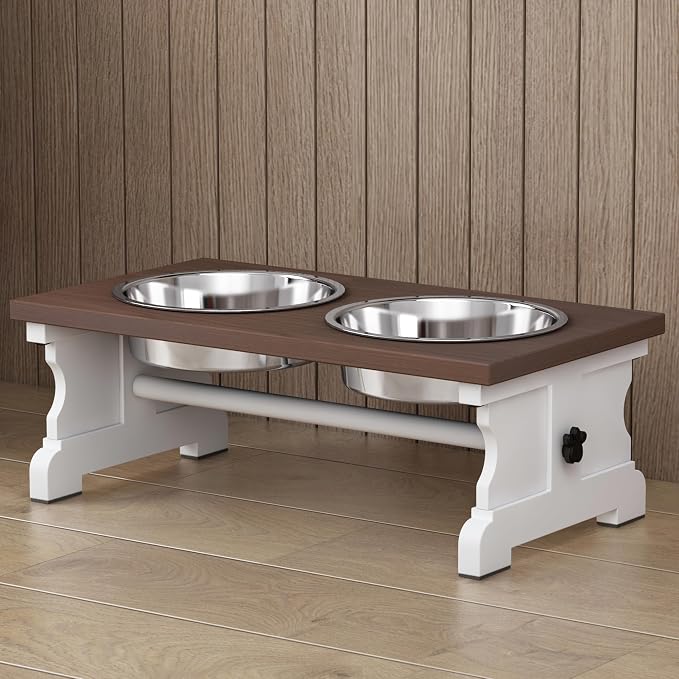 Piskyet Elevated Dog Bowls, Dog Bowls Stand, Raised Dogs Bowl's with 2 Stainless Steel Wooden Dogs Bowl,3.5Cups6''H_30 oz Bowl-Farmhouse Style