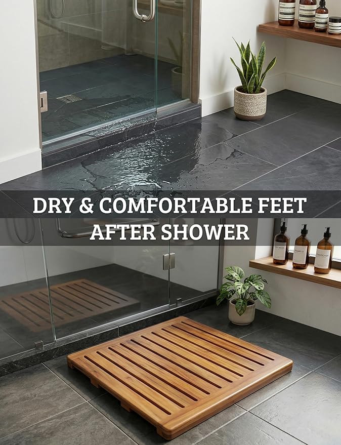 Acacia Wood Shower Mat 21x21 Inches by Demigo, Luxury Bath Mat Non Slip for Bathroom Bathtub Shower Spa Garden Home, Wooden Floor Mat Square Large for Outdoor and Indoor