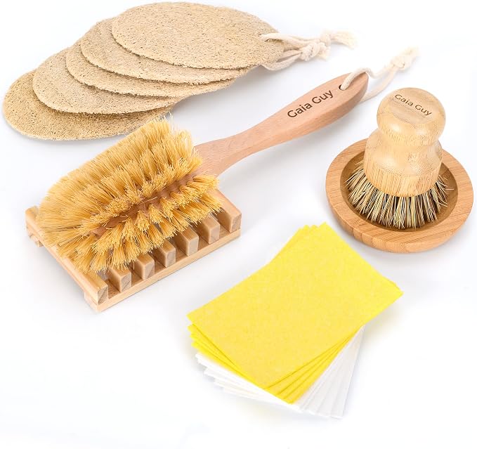 Gaia Guy Plastic-Free Dish Brush Set | 19-Piece Zero Waste Kitchen Cleaning Kit with Bamboo & Beech Wood Brushes, Cellulose Sponges, Natural Loofahs & Soap Holders | Eco Friendly Dishwashing Set