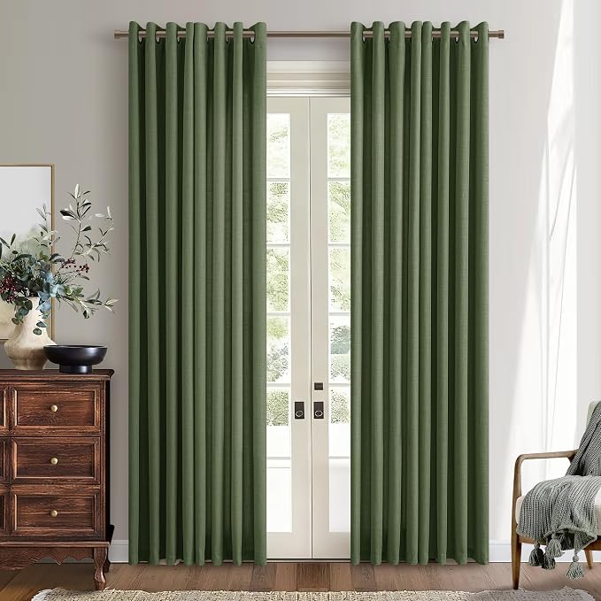 Dark Olive Green Curtains for Living Room 96 Inches Long 2 Panels Set Semi Sheer Light Filtering Bronze Grommet Elegant Boho Farmhouse Drapes Linen Burlap Bedroom Window Curtains Moss Green