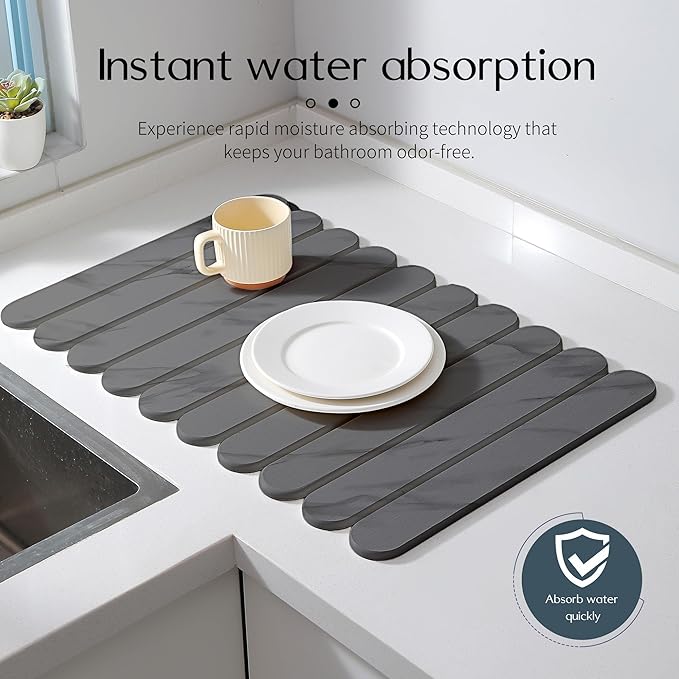 24"×16" Grey Stone Dish Drying Mats for Kitchen Counter, Large Quick Dry Collapsible Eco-Friendly Super Absorbent Diatomaceous Earth Heat-resistant Mat for Dishes Bottles Cups, Match Any Countertop