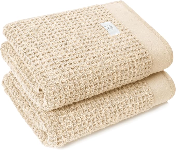 Softerry Waffle Bath Towel Set - 100% Soft Cotton - Plush and Extra Absorbent - Luxury Hotel & Spa Quality - Fade Resistant - Eco-Friendly (Natural, Set of 2 Bath)