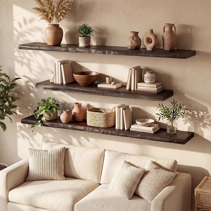 48" Live Edge Floating Shelf, Solid Elm Wood Wall Shelf | 1.4" Extra Thick, 9.3" Deep Heavy Duty, FSC Certified Brown Finish for Bedroom, Kitchen & Bathroom Storage