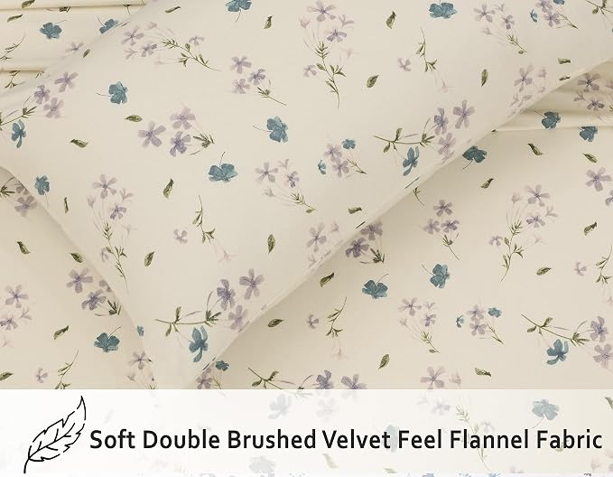 RUVANTI Flannel Sheets Queen Size - 100% Cotton Double Brushed Bed Sheets, Deep Pockets 16 Inches Queen Sheet Set, All Seasons Breathable & Extra Soft - Warm & Cozy, 4 Piece, Jasmine Stamp Cream