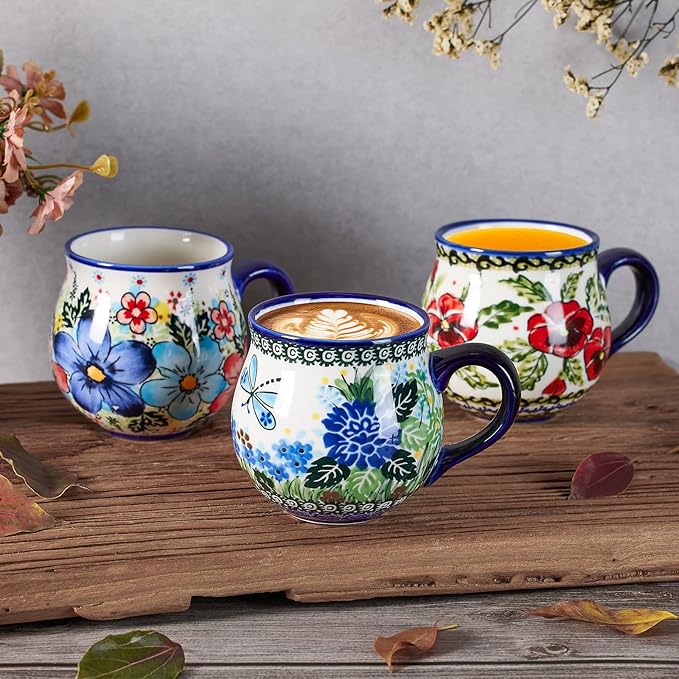 13oz Ceramic Coffee Mug, Hand-Painted Floral Polish Pottery Style Cup, Large Stoneware Tea Mug with Handle, Microwave & Dishwasher Safe (Butterfly and flower A)