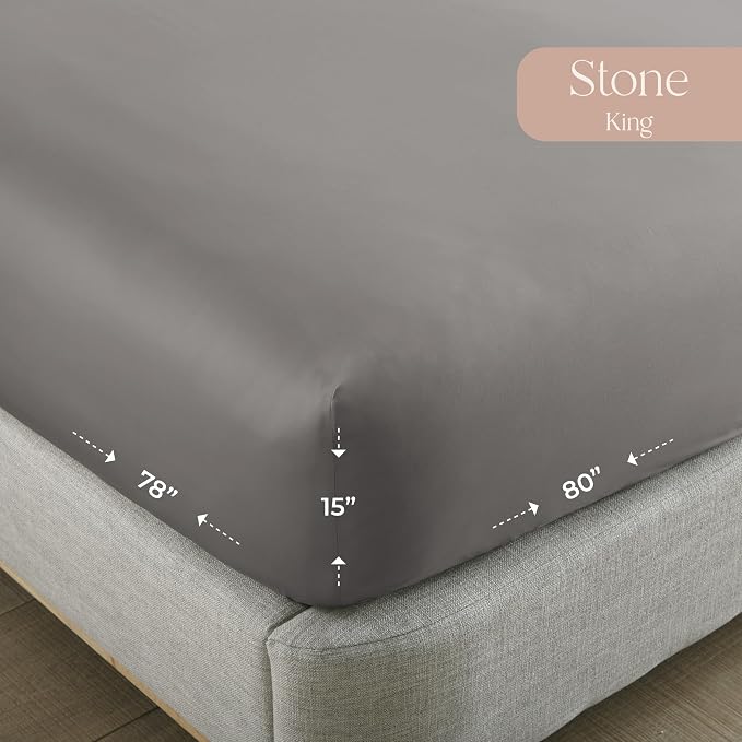 Organic King Fitted Sheet Only Deep Pocket - 100% Organic Cotton Sheets with Breathable 300 Thread Count Sateen Weave GOTS & Fairtrade Certified - Soft Fitted Bed Sheets Only (Stone, King)