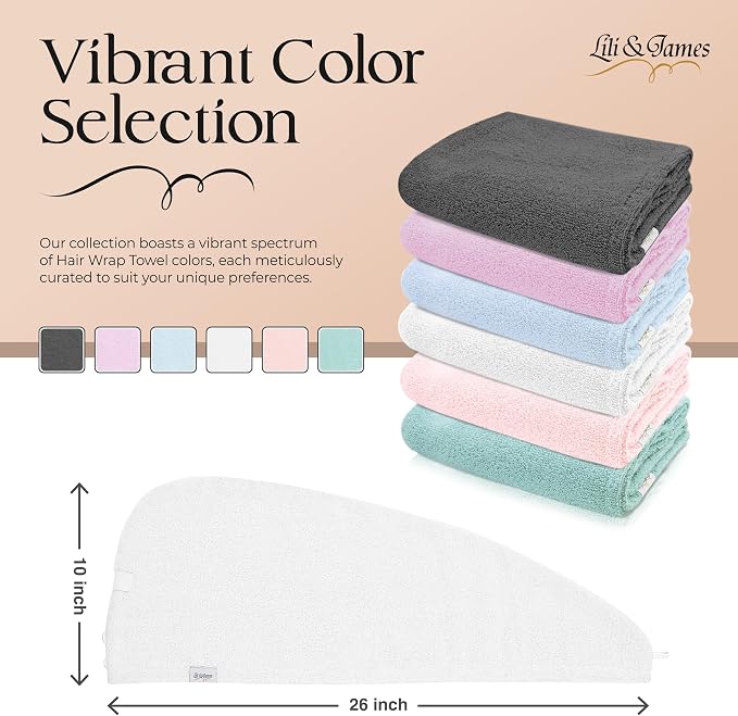 Lili&James 100% Cotton Hair Towel Wrap for Women & Kids – 420 GSM Quick Dry Hair Turban with Double Button Loop, Anti Frizz Non Microfiber Hair Drying Towel for Curly, Long & Thick Hair (White+Pink)