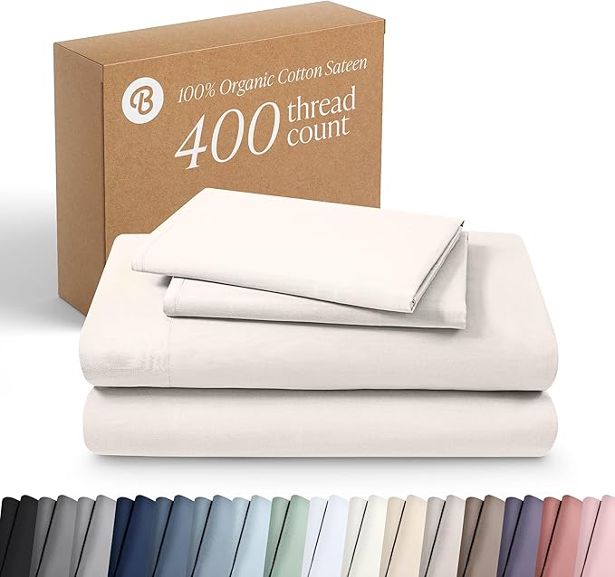 Bare Home 100% Organic Cotton Queen Sheet Set - 400 Thread Count - Smooth Sateen Weave - Breathable & Cooling - Hotel Luxury Set - Deep Pocket Bed Sheets (Queen, Cream)