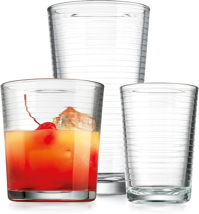 Glaver's Drinking Glasses 24 Piece Glass Set, 8-7 Oz. Highball Glasses, 8-13 Oz. Whiskey Rocks, And 8 7 Oz Juice Glasses. Ideal for Water, Juice, Cocktails, and Iced Tea. Dishwasher safe