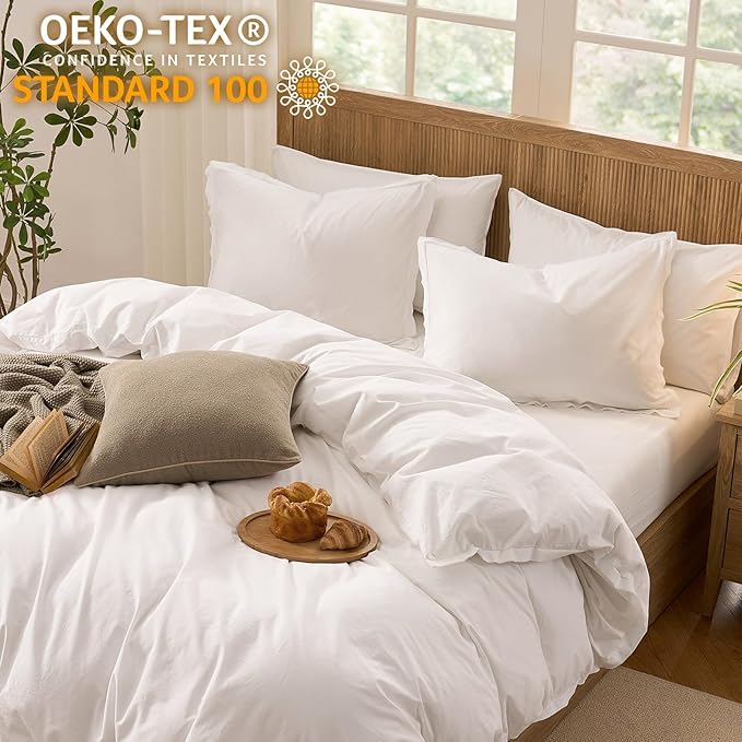 Duvet Cover Set Twin Size, 100% Washed Cotton, Light Weight Breathable Comforter Cover Linen Feel, 2PCs Breathable Bedding Set for All Season, White 68"x90"