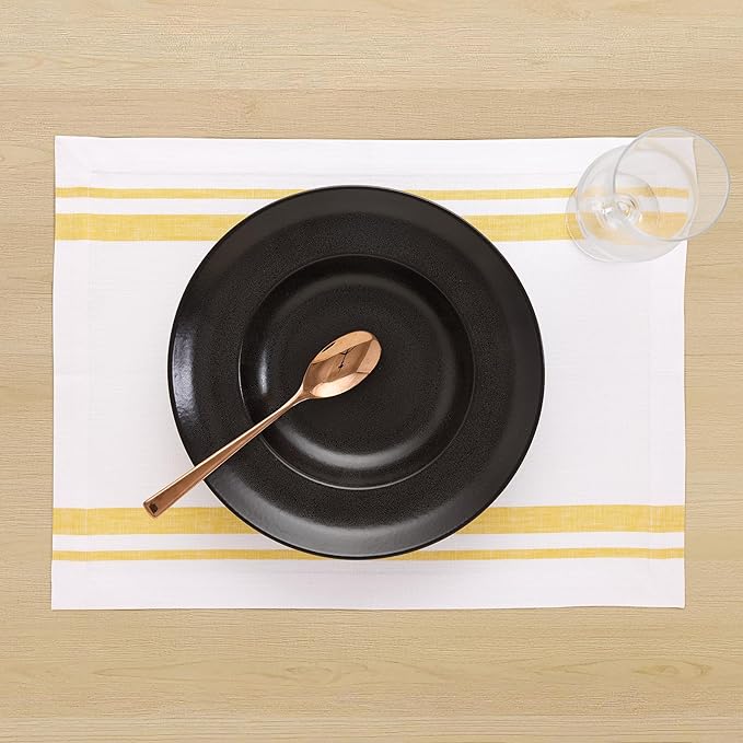 Solino Home Striped Linen Placemats Set of 4-100% Pure Linen Yellow and White Place Mats 14 x 19 Inch for Summer - French Stripe
