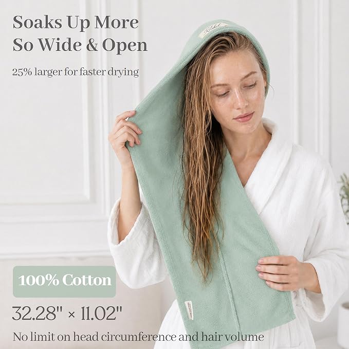 ROLSHOL Cotton Hair Towel Wrap for Women, 2 Pack 100% Cotton Hair Drying Towels for Long, Thick & Curly Hair, 32" x 11" Large Hair Turban for Wet Hair with Elastic Band (Light Green)