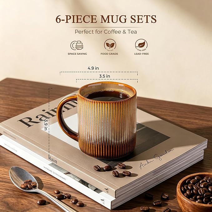 theterra Ceramic Coffee Mugs Set of 6, 14.2oz Handmade Coffee Cups with Handle for Latte, Tea, Milk, Beer, Hot Cocoa, Creamy Amber