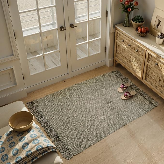 Collive 3x5 Small Area Rugs, Machine Washable Natural/Green Rug Modern Braided Kitchen Rugs, Neutral Reversible Throw Carpet Farmhous Woven Rug for Entryway Indoor Nursery Mudroom Living Room