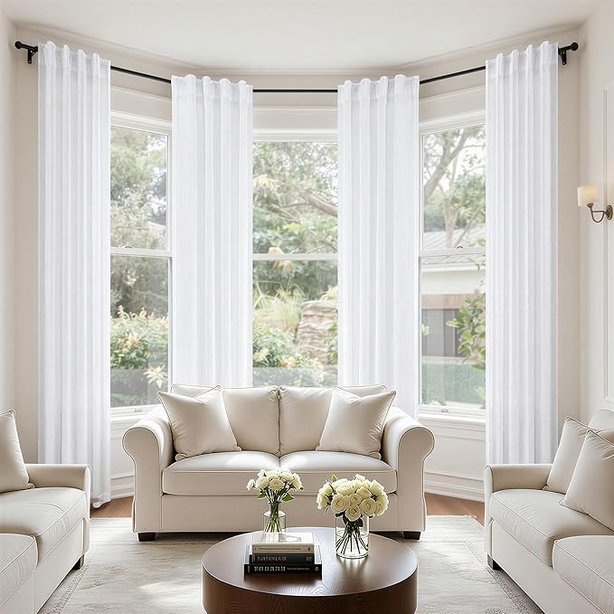 Pitalk White Linen Curtains 36 Inch Wide for Living Room 2 Panels Set Back Tab Drapes Rod Pocket Semi Sheer Light Reducing White Cotton Curtains for Bedroom 36 x 96 Inches Long