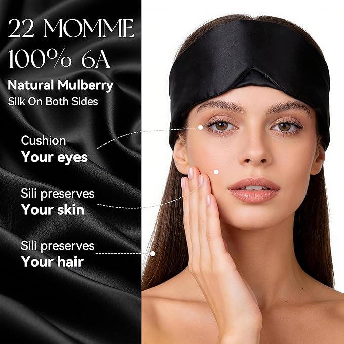Silk Sleep Mask 22 Momme100% Mulberry Silk & 3.5cm Silk Hairband Set, Upgraded Light Blocking NosePad, Soft Wide Adjustable Strap, Comfortable Eye Mask for Men Women Home Travel (Black)
