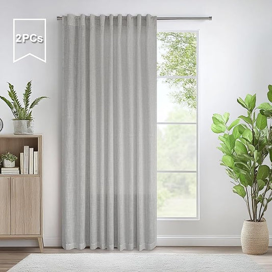 Grey Farmhouse Curtains 60 Inch Wide for Living Room Extra Large Light Gray Linen Drapes Semi Sheer Room Divider Curtain for Patio Sliding Glass Door 2 Panel Back Tab Pocket Width 60x96 Long 5x8 FT
