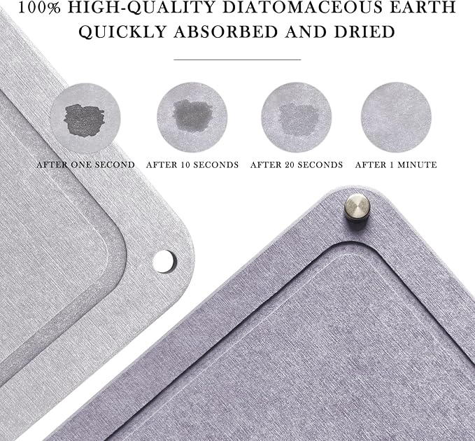 Large Diatomaceous Earth Stone Dish Drying Mat for Kitchen Counter, 24"×16", Medium Gray – Quick Drying, Super Absorbent, with Non-Slip Stainless Steel Feet, Fits Bowl Racks and Various Countertops