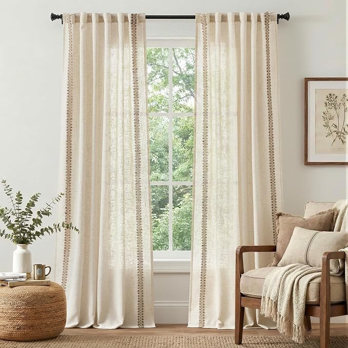 jinchan Beige Linen Blend Curtains with Woven Trim Boho Curtains 108 Inches Extra Long 2 Panels Living Room Bedroom Light Filtering 50 Inches Wide Rustic Farmhouse Drapes Rod Pocket Back Tab Ecru