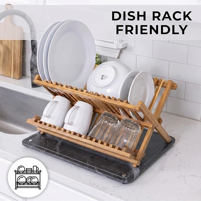 LARGE MATMOSPHERE Stone Dish Drying Mat for Kitchen Counter – Fast Absorbing Diatomaceous Mat with Stainless Steel Legs, Quick Dry, Dish Rack Mat, USA Small Business, 18”x14”, Slate Gray