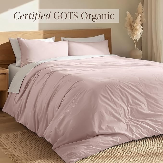 Bare Home 100% Organic Cotton Queen Duvet Cover Set - Crisp Percale Weave - Lightweight & Breathable - Cooling Duvet Cover Set (Queen, Dusty Pink)