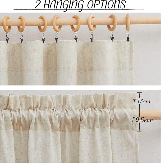 NICETOWN Farmhouse Linen Curtains Semi Sheer 72 inch Long, Rod Pocket Privacy Added with Light Filtering Linen Weave Vertical Drapes for Loft/Home Office, Natural, W55 x L72, 2 Panels