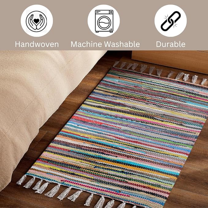 Cotton Chindi Rug - Boho Rustic Area Accent Throw Rug - Area Floor Carpet for Bedroom Living Room Kitchen Dorm Entryway Hallway - 20x32 inch Hand Woven Reversible Area Rug Multi Color
