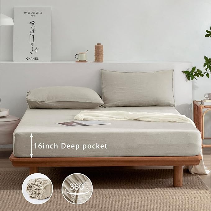 EVERLY Linen Sheets Set Queen Size, 100% French Stonewash Pure Linen, 4 Pieces (1 Flat Sheet, 1 Fitted Sheet, 2 Pillowcases), Deep Pocket Natural Bedding Set, Not Dyed, Suitable for Hot Sleepers