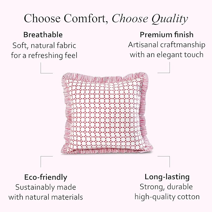 CPC Magenta Pink Hand Block Print 100% Cotton Ruffle Throw Pillow Cover 18x18 inch with Hidden Zipper Decorative for Couch, Bed, Sofa, Farmhouse, Cottagecore Decor Gift Christmas Fall Thanksgiving