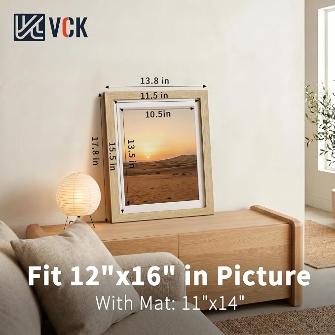 VCK 12x16 Picture Frames Natural - 3 Pack, Wide Border Solid Wood, Tempered Glass, Display 11x14 Photo with Mat or 12 x 16 Without, for Home, Office, Gallery, Woodgrain Series, Wall Hanging
