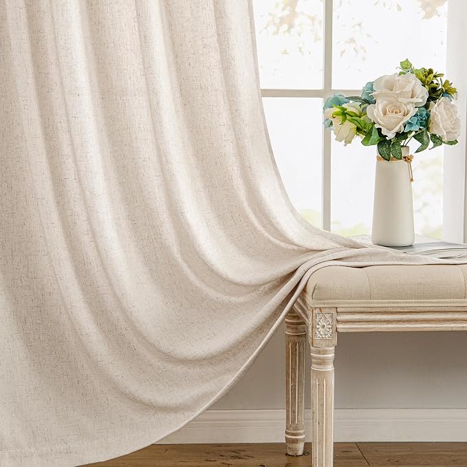 MIULEE Non-See-Through Privacy Linen Curtains 2 Panels, Light Filtering Window Curtains Farn House Textured Back Tab Semi Sheer Drapes for Bedroom Living Room, 52 x 84 Inches Long, Birch