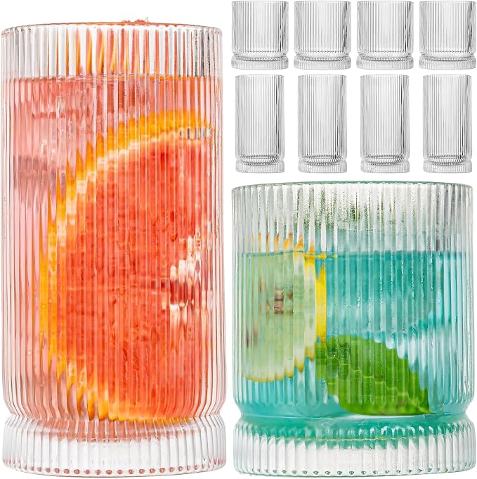 Drinking Glasses, Set of 8 Origami Style Glass Cups-4 Highball Glasses 15oz & 4 Rocks Glasses 12oz, Mojito Cups, Cocktail Glass, Elegant Ripple Vintage Glassware for Cocktail, Beer, Whiskey